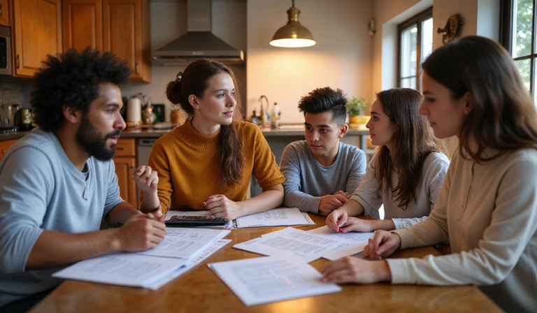Family discussing budget at kitchen table