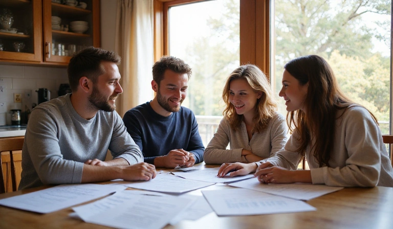 Happy family reviewing financial documents
