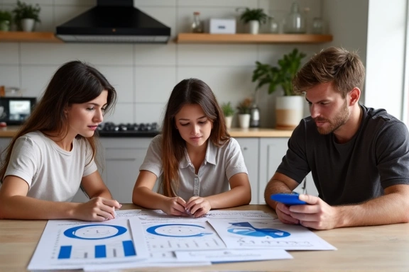Family reviewing household budget together