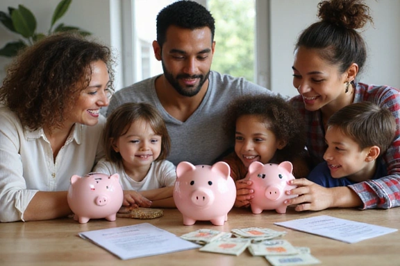 Parents teaching children about money with piggy banks